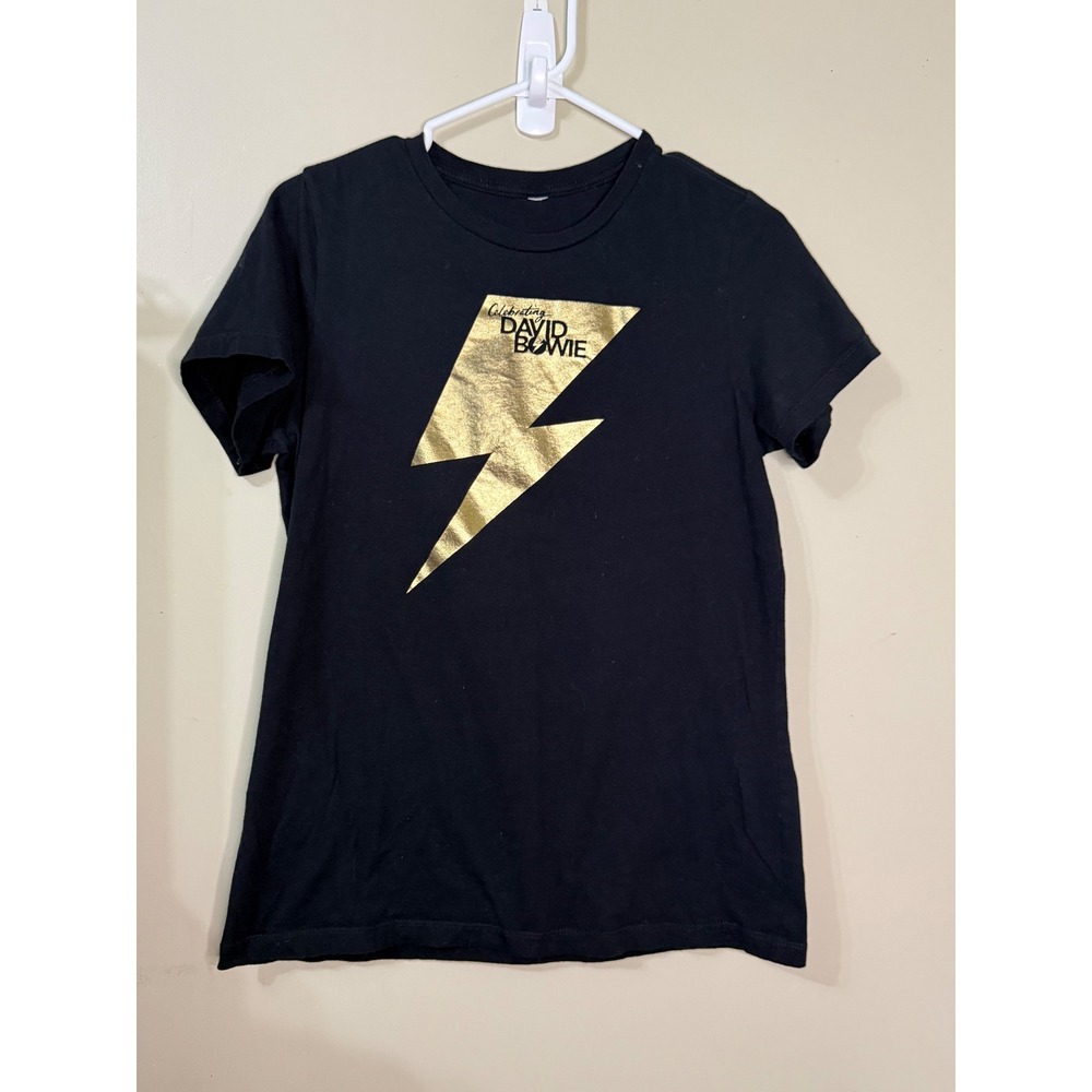Celebrating David Bowie Graphic T-Shirt Black Gold Lightning Bolt Concert Tee M
